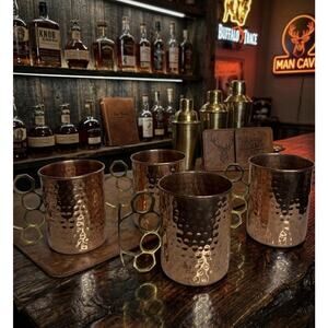 Copper Hammered Mugs Knuckle Ring Handles Set of 4 Vintage Barware Moscow Mule
